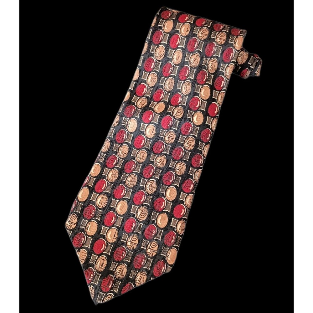 Vintage Ferrell Reed For Nordstrom Tie 100% Silk Red & Tan on Black Necktie 58x4